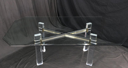 Chrome Brass & Lucite X Shape Base Beveled Glass Top Rectangle Dining Table Mint