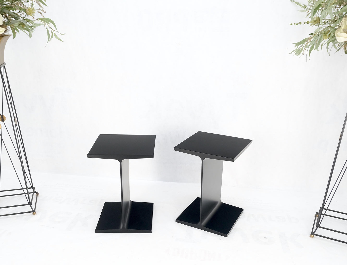 Pair Ward Bennet Black Enamel i Beam End Side Occasional Tables Stands Mint