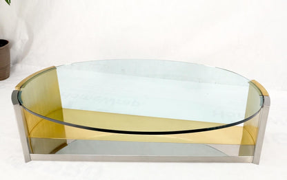 Large Oval Glass Top Brushed Stainless & Brass Base Coffee Table Nice