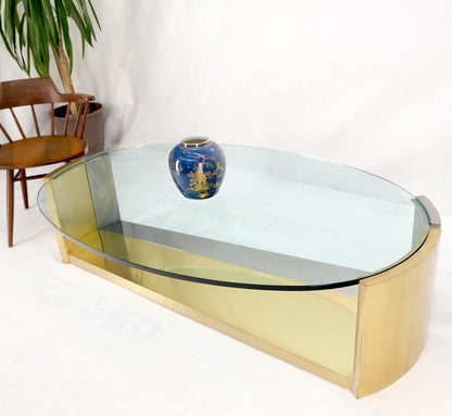 Large Oval Glass Top Brushed Stainless & Brass Base Coffee Table Nice