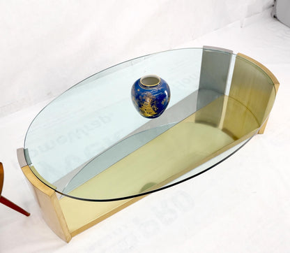 Large Oval Glass Top Brushed Stainless & Brass Base Coffee Table Nice