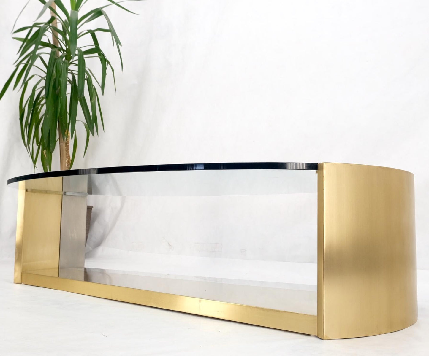 Large Oval Glass Top Brushed Stainless & Brass Base Coffee Table Nice