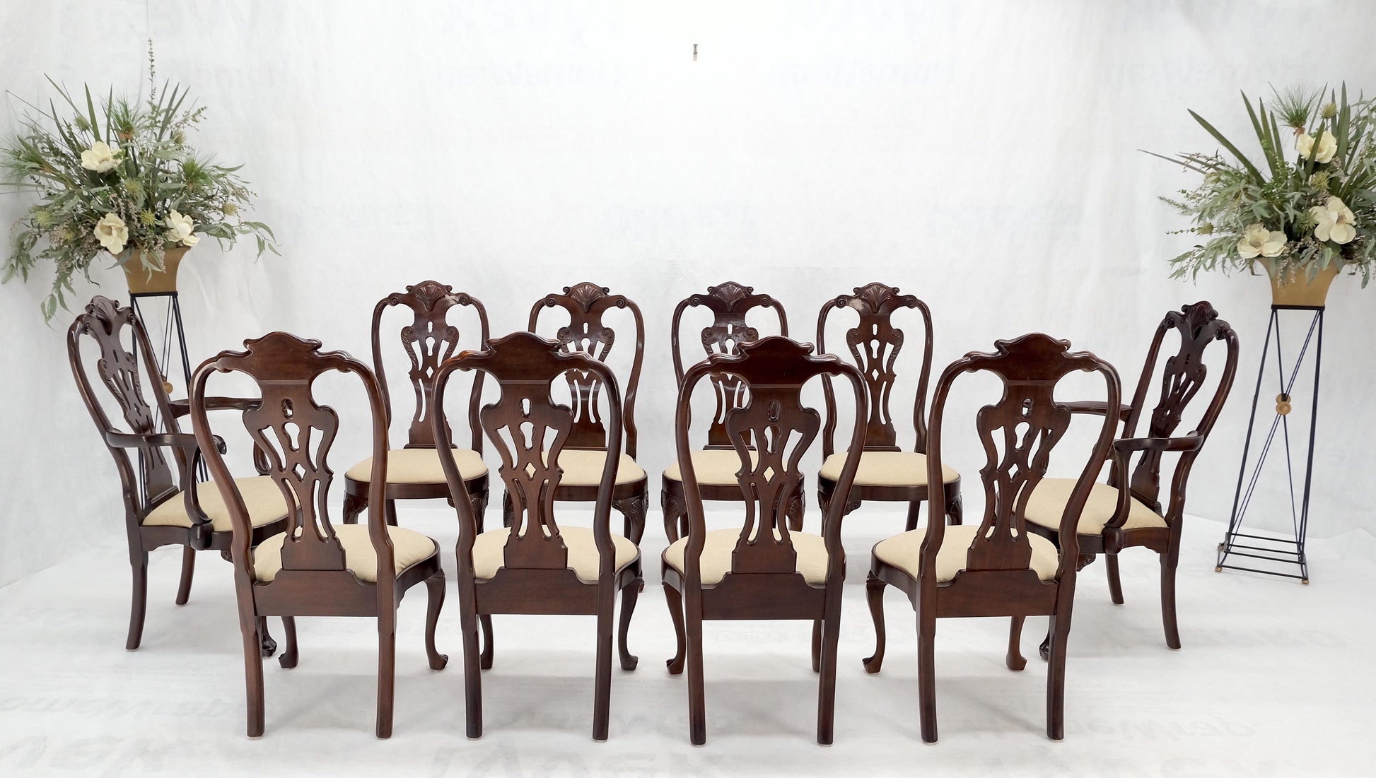 Set of 10 New Linen Upholstery Walnut Dining Chairs by Henredon Mint