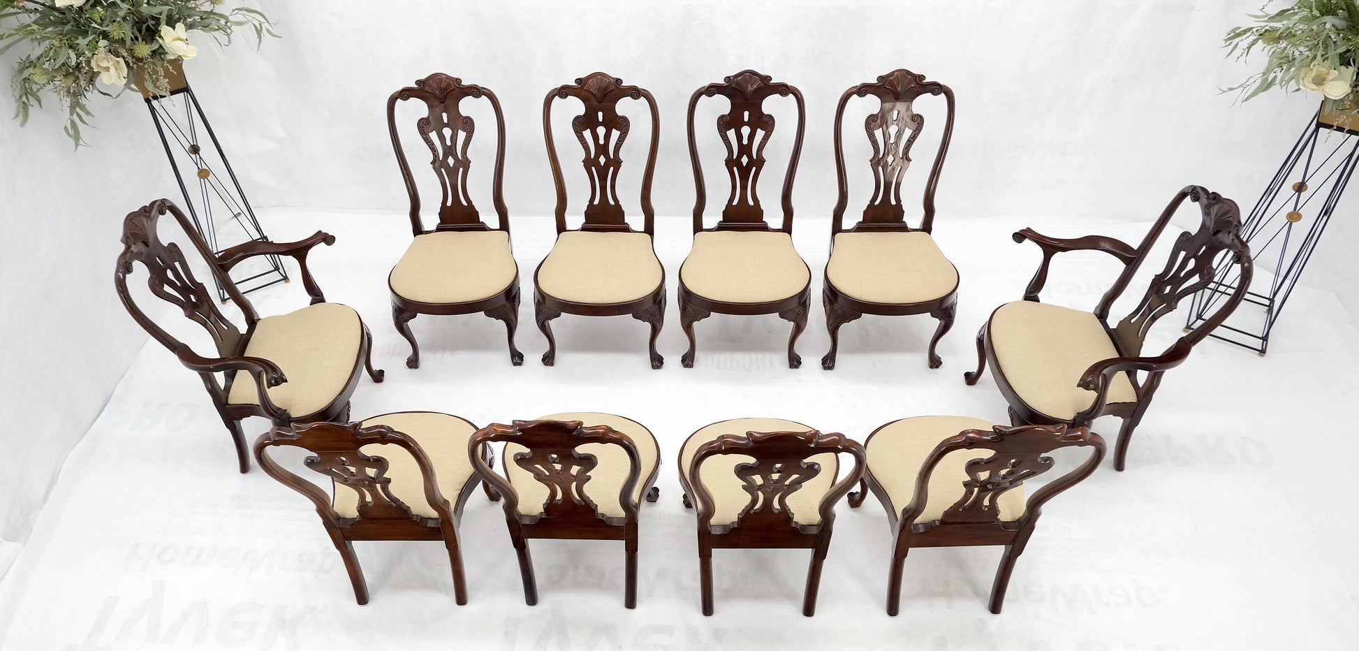 Set of 10 New Linen Upholstery Walnut Dining Chairs by Henredon Mint