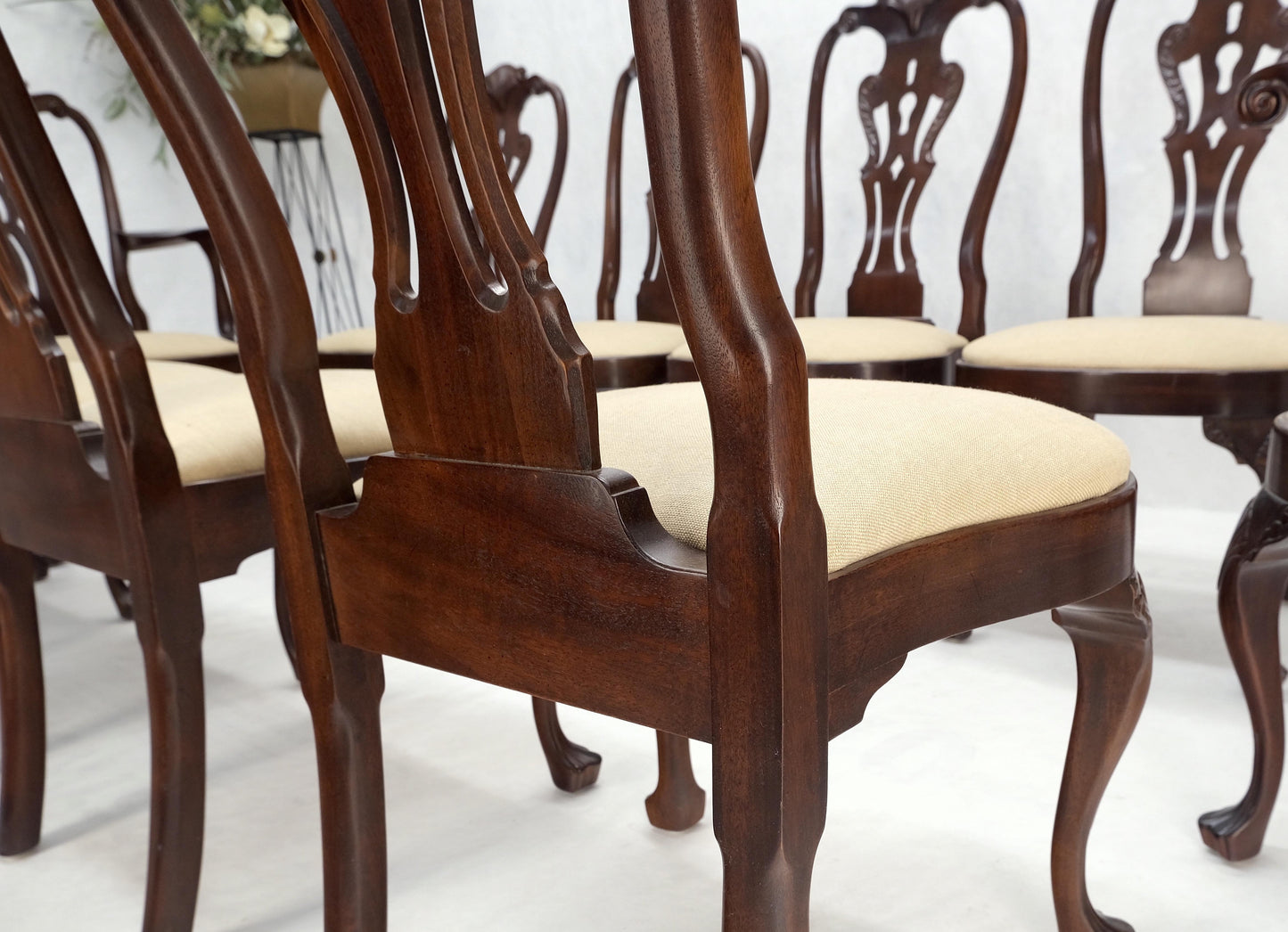 Set of 10 New Linen Upholstery Walnut Dining Chairs by Henredon Mint