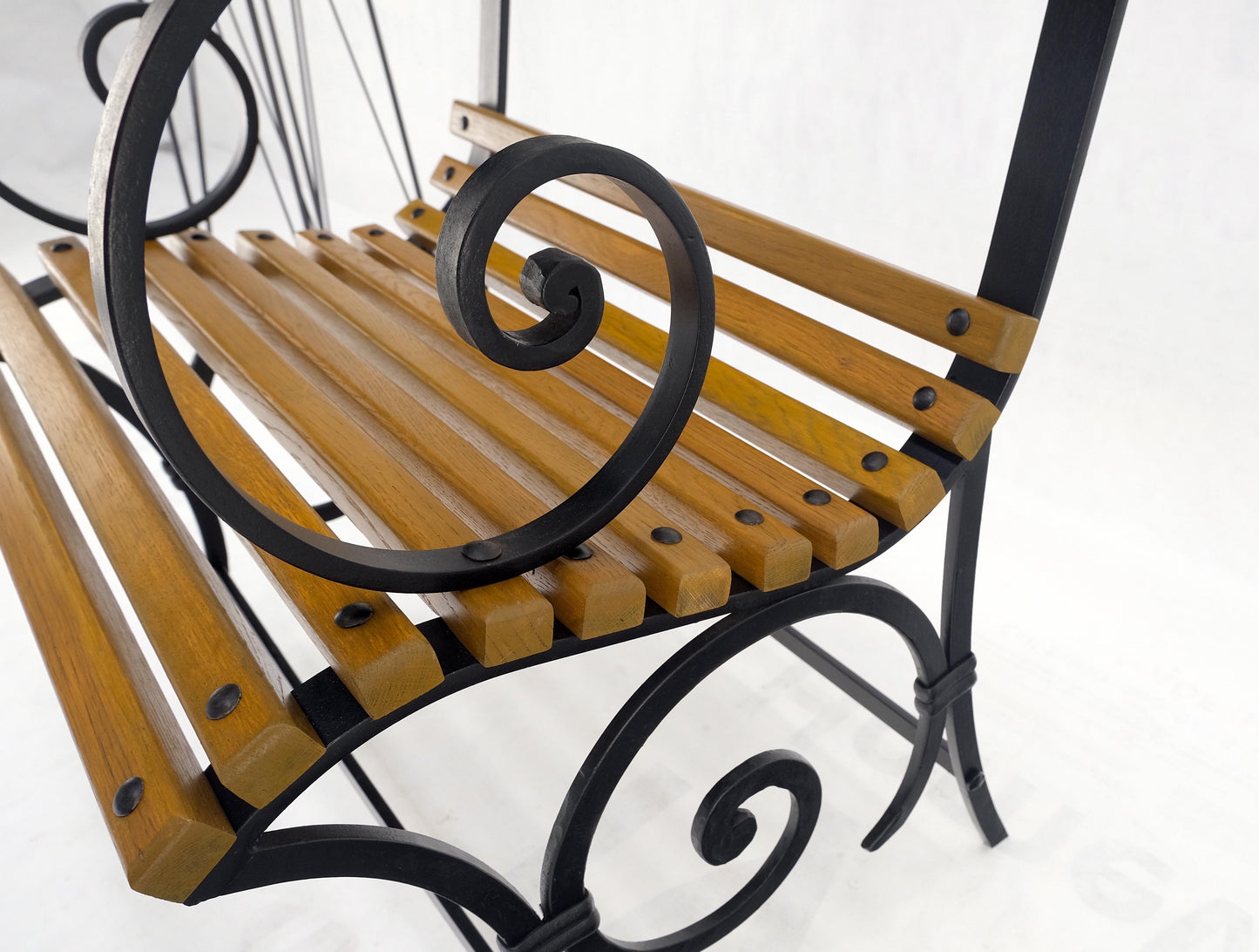 Restored 1920s Wrought Iron & Oak Slat Park Bench Mint!