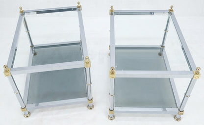 Pair of Rectangle Chrome & Brass Smoked Glass Two Tier End Side Tables MINT!