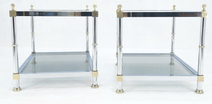 Pair of Rectangle Chrome & Brass Smoked Glass Two Tier End Side Tables MINT!