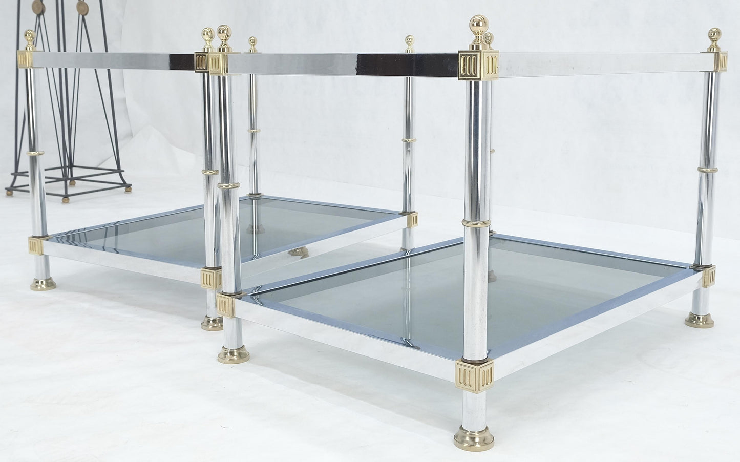 Pair of Rectangle Chrome & Brass Smoked Glass Two Tier End Side Tables MINT!