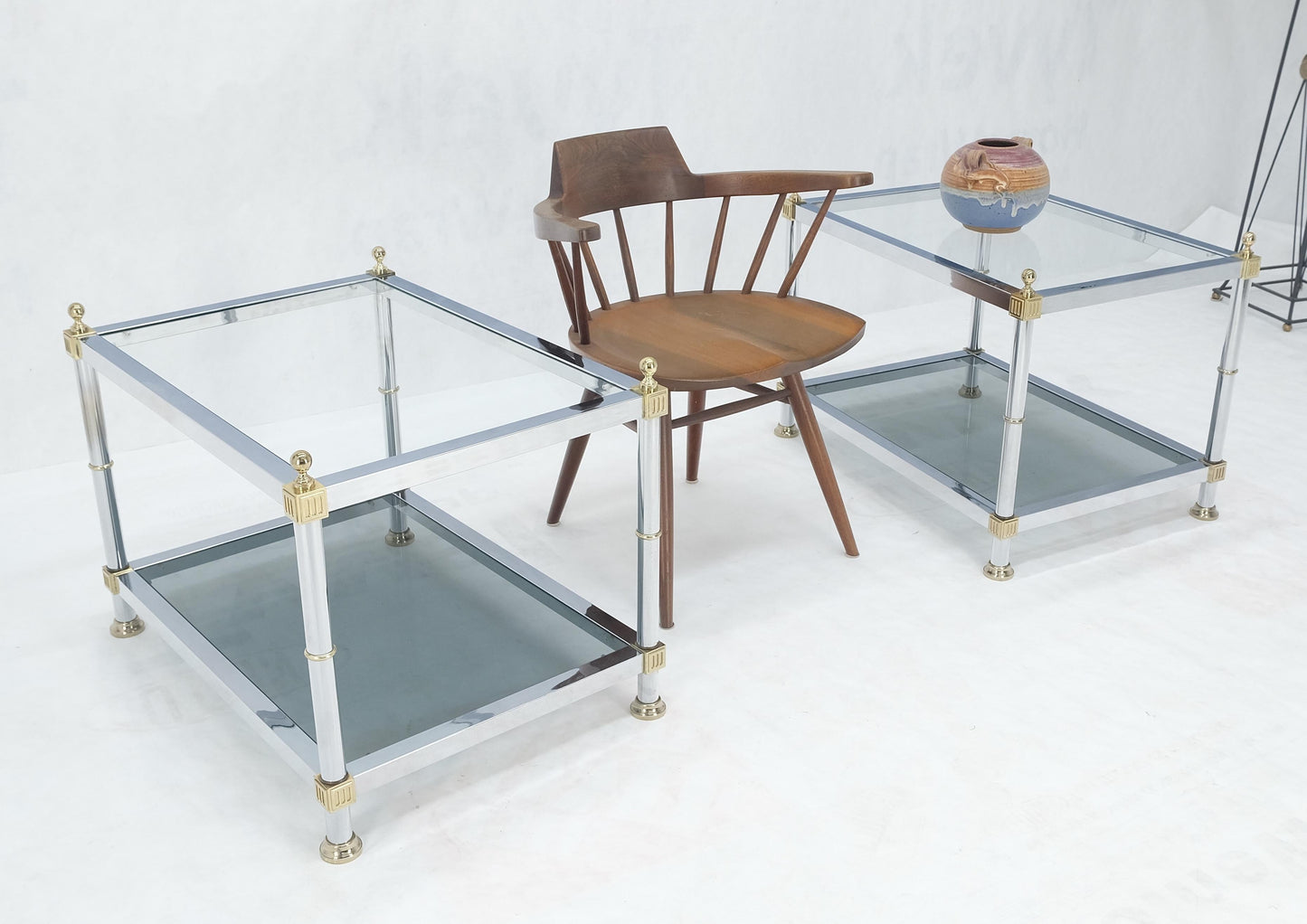 Pair of Rectangle Chrome & Brass Smoked Glass Two Tier End Side Tables MINT!