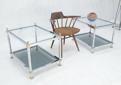 Pair of Rectangle Chrome & Brass Smoked Glass Two Tier End Side Tables MINT!