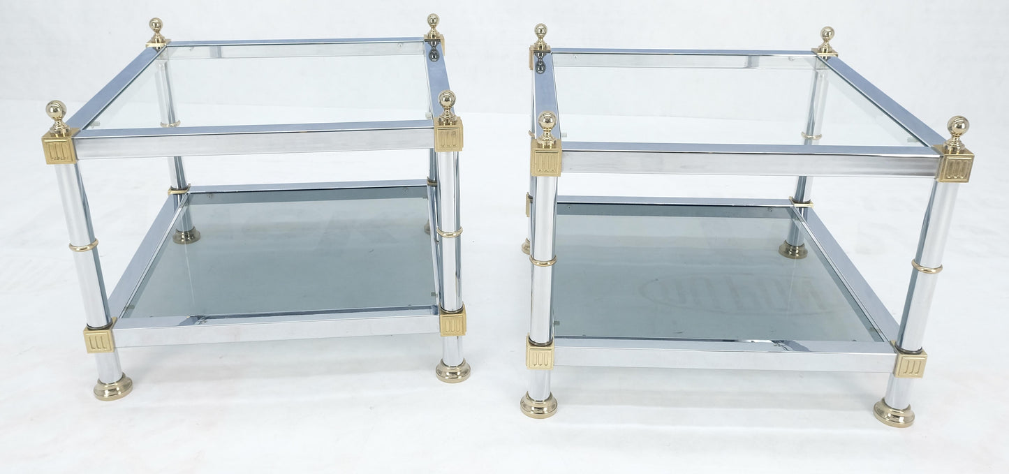 Pair of Square Chrome & Brass Smoked Glass Two Tier End Side Tables MINT!