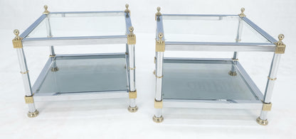 Pair of Square Chrome & Brass Smoked Glass Two Tier End Side Tables MINT!