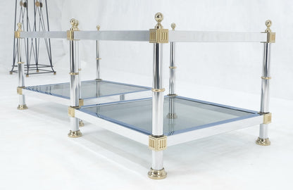 Pair of Square Chrome & Brass Smoked Glass Two Tier End Side Tables MINT!