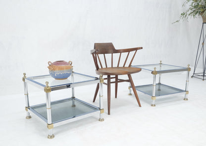 Pair of Square Chrome & Brass Smoked Glass Two Tier End Side Tables MINT!