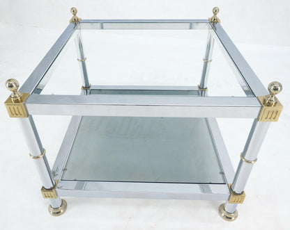 Pair of Square Chrome & Brass Smoked Glass Two Tier End Side Tables MINT!