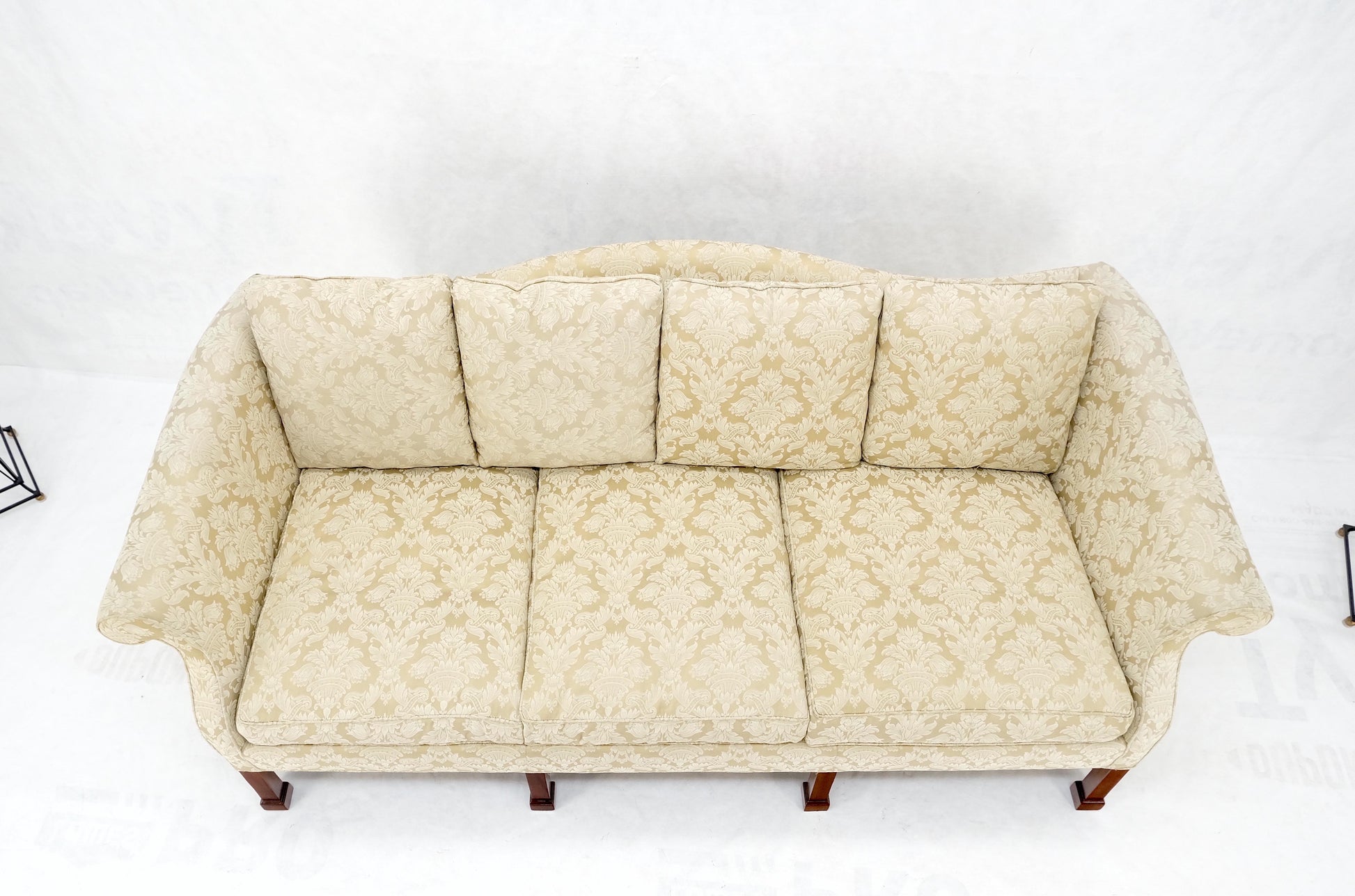 Camel Back Federal Style Mahogany Stretcher Base Beige Upholstery Sofa Mint!