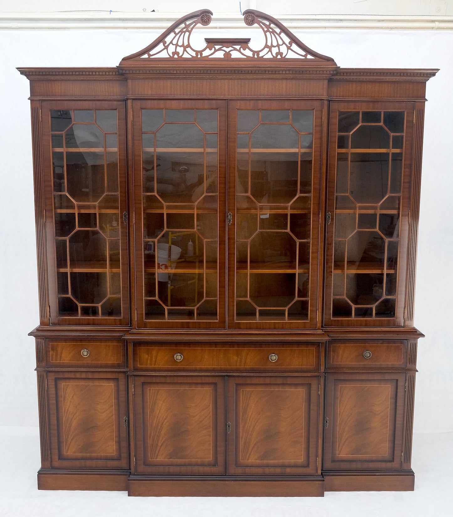 Georgian Flame Mahogany Breakfront Bookcase Butlers Drop Desk Individual Glass