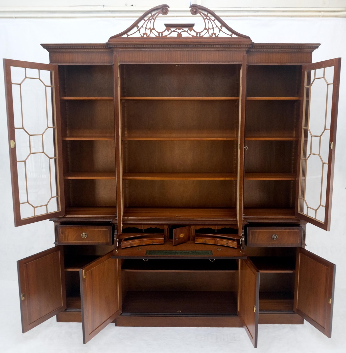 Georgian Flame Mahogany Breakfront Bookcase Butlers Drop Desk Individual Glass