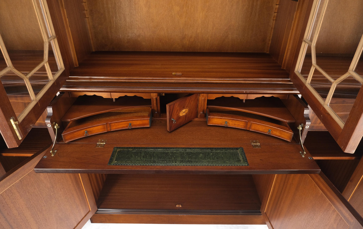 Georgian Flame Mahogany Breakfront Bookcase Butlers Drop Desk Individual Glass