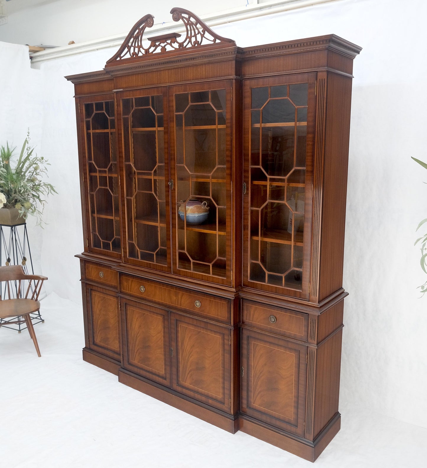 Georgian Flame Mahogany Breakfront Bookcase Butlers Drop Desk Individual Glass