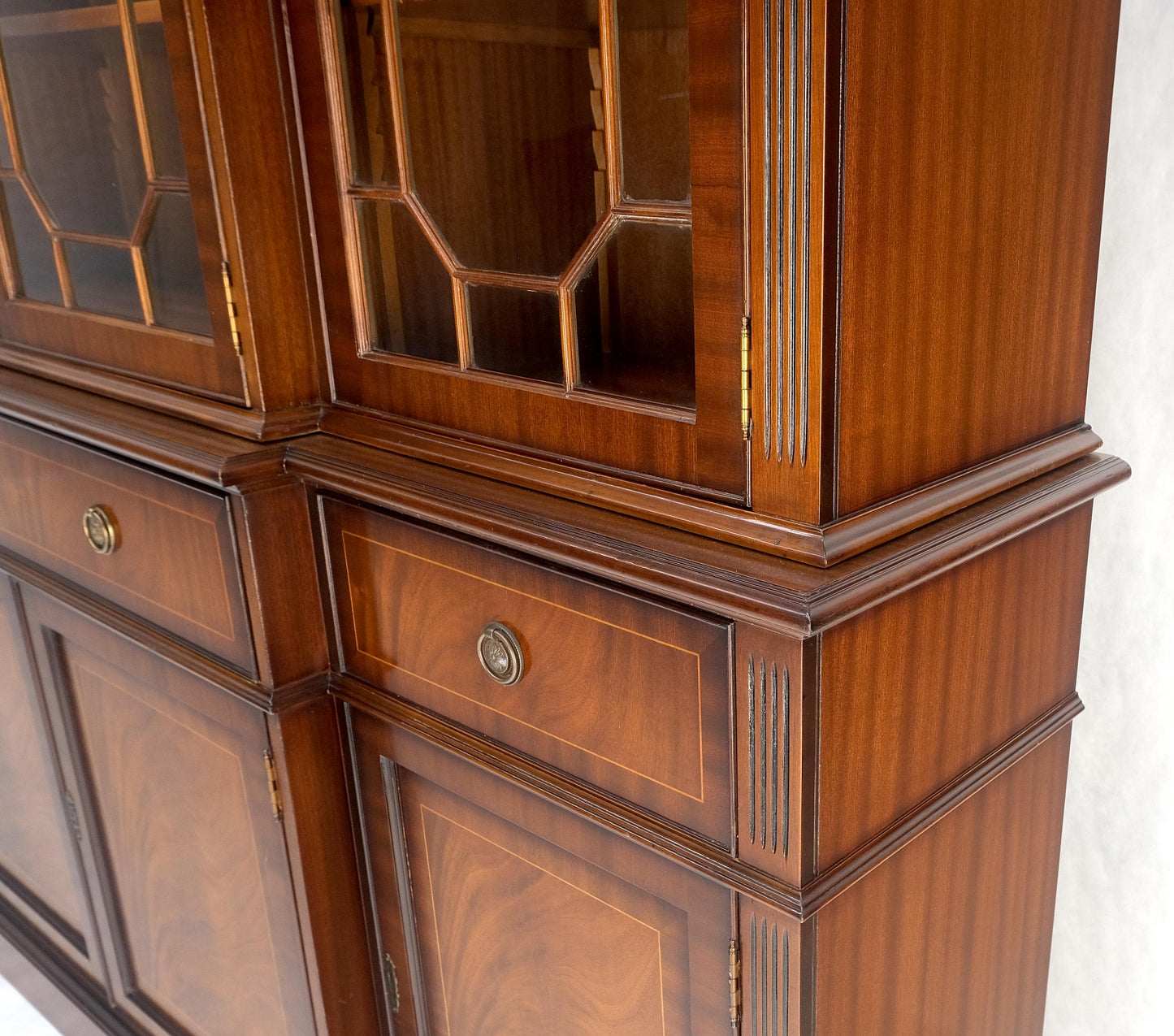 Georgian Flame Mahogany Breakfront Bookcase Butlers Drop Desk Individual Glass