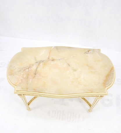 White Onyx Top Stadium Shape Top Beige Lacquer Carved Stretcher Base Side Table