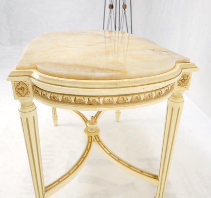 White Onyx Top Stadium Shape Top Beige Lacquer Carved Stretcher Base Side Table