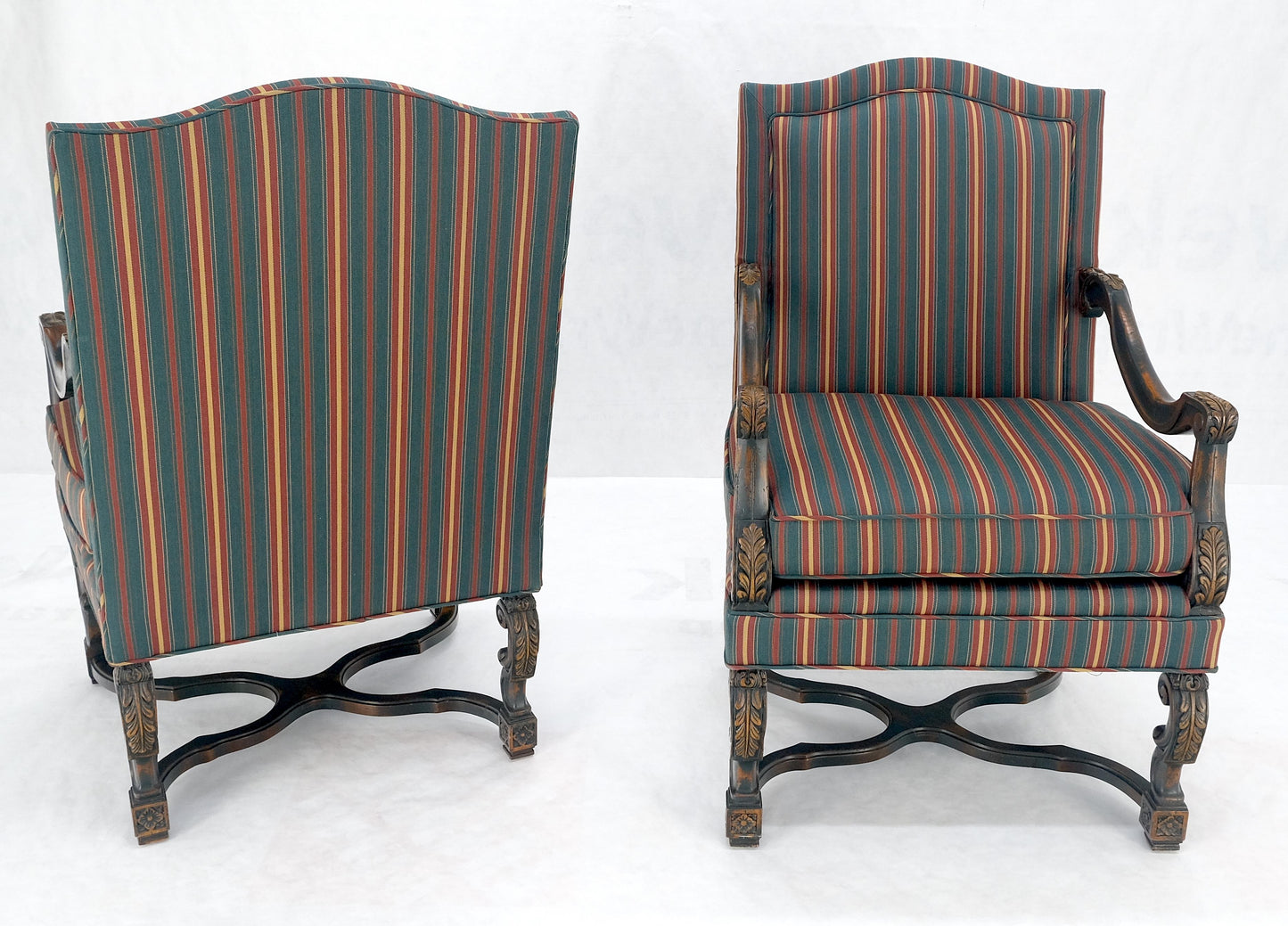 Pair of Carved Bases & Arms Striped Upholstery Fire Side Arm Lounge Chairs MINT!