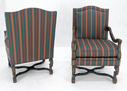 Pair of Carved Bases & Arms Striped Upholstery Fire Side Arm Lounge Chairs MINT!