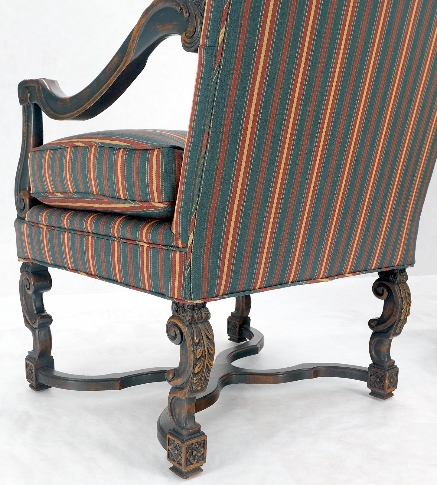 Pair of Carved Bases & Arms Striped Upholstery Fire Side Arm Lounge Chairs MINT!