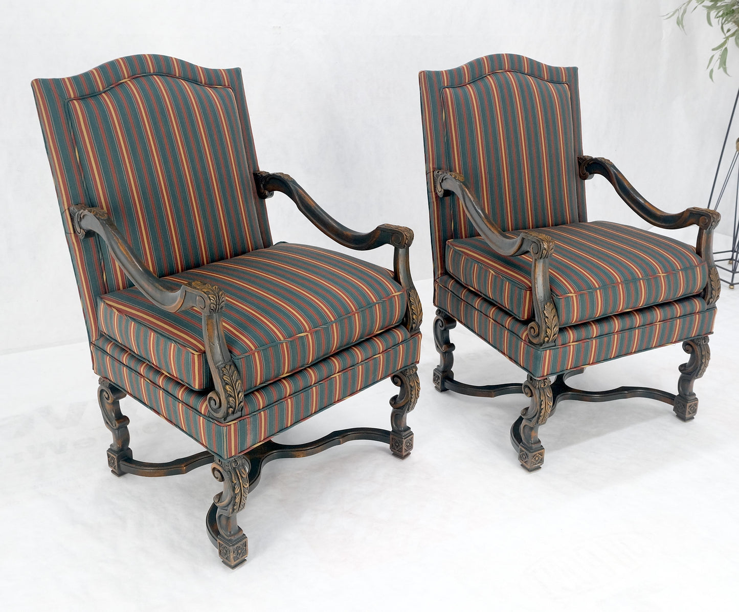 Pair of Carved Bases & Arms Striped Upholstery Fire Side Arm Lounge Chairs MINT!