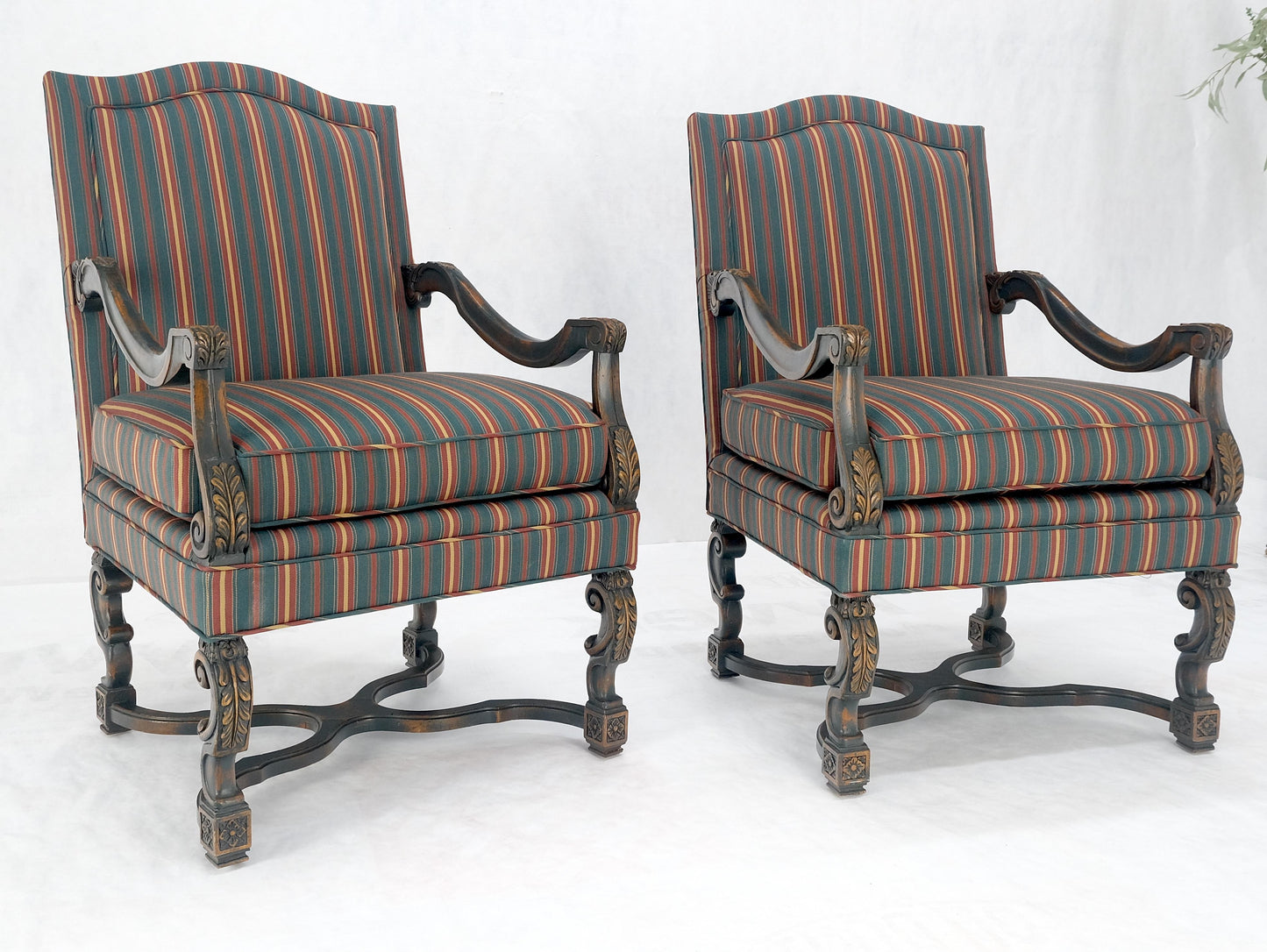 Pair of Carved Bases & Arms Striped Upholstery Fire Side Arm Lounge Chairs MINT!