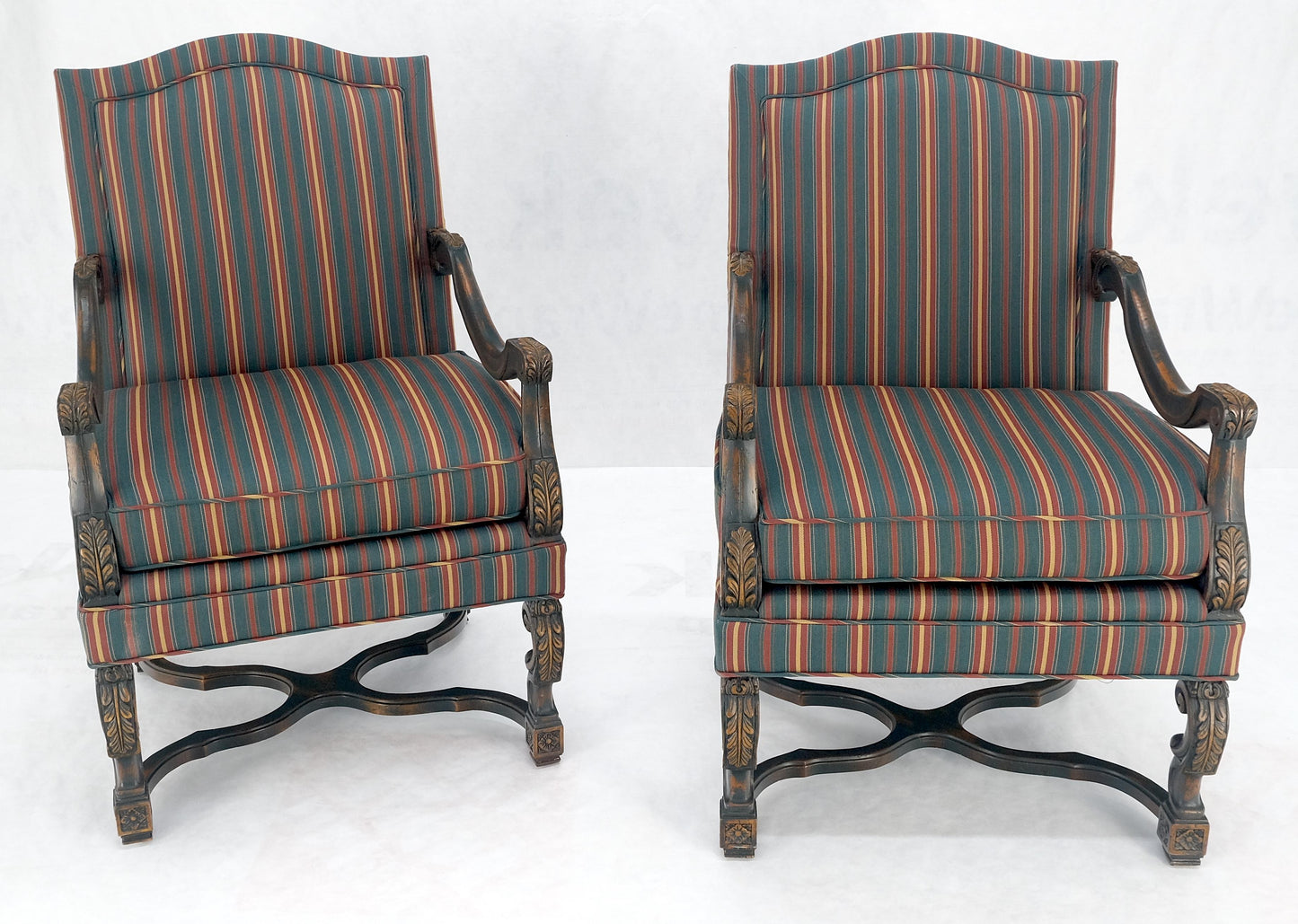 Pair of Carved Bases & Arms Striped Upholstery Fire Side Arm Lounge Chairs MINT!