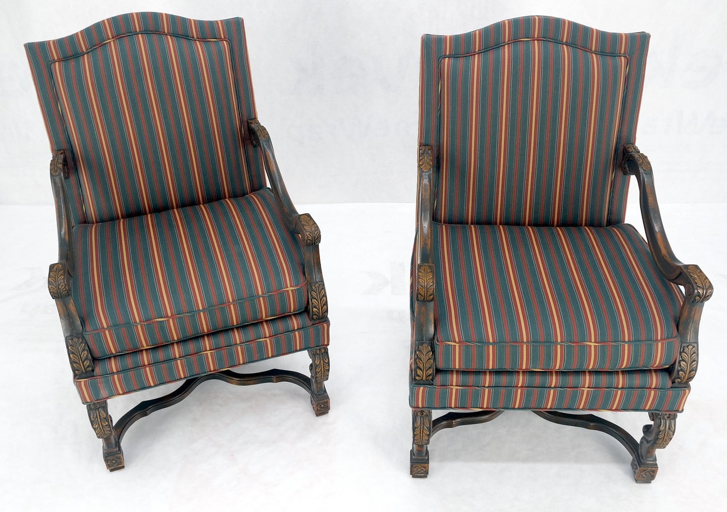 Pair of Carved Bases & Arms Striped Upholstery Fire Side Arm Lounge Chairs MINT!