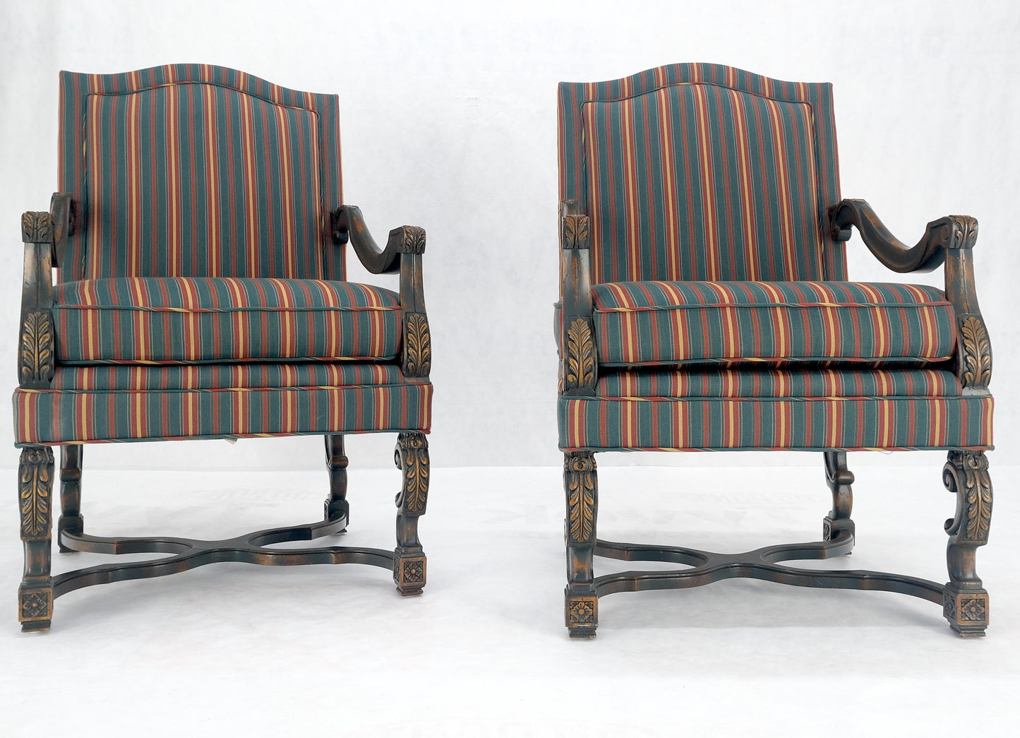 Pair of Carved Bases & Arms Striped Upholstery Fire Side Arm Lounge Chairs MINT!