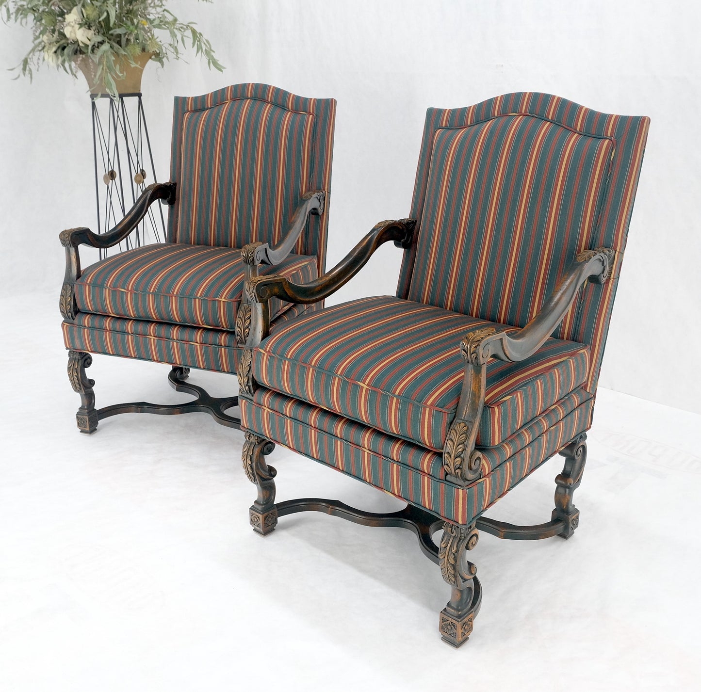 Pair of Carved Bases & Arms Striped Upholstery Fire Side Arm Lounge Chairs MINT!