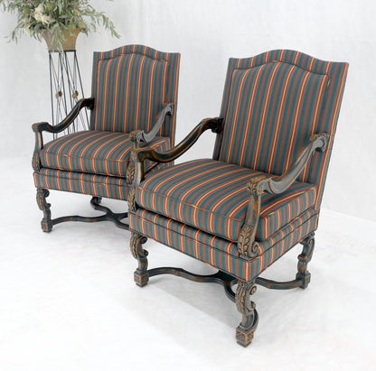 Pair of Carved Bases & Arms Striped Upholstery Fire Side Arm Lounge Chairs MINT!