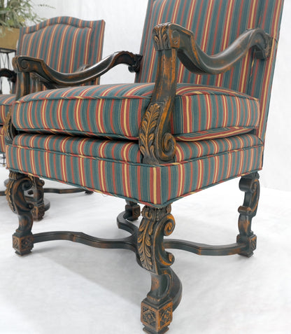 Pair of Carved Bases & Arms Striped Upholstery Fire Side Arm Lounge Chairs MINT!