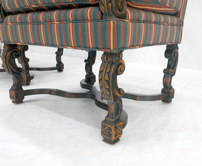 Pair of Carved Bases & Arms Striped Upholstery Fire Side Arm Lounge Chairs MINT!