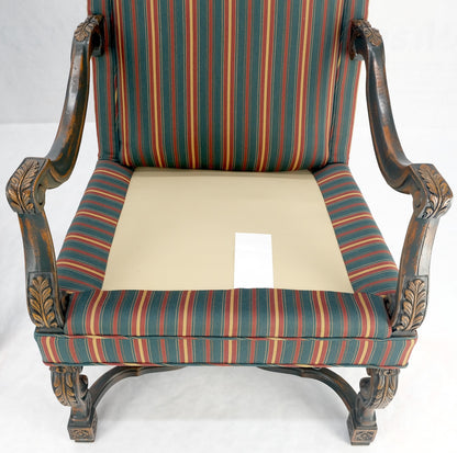 Pair of Carved Bases & Arms Striped Upholstery Fire Side Arm Lounge Chairs MINT!