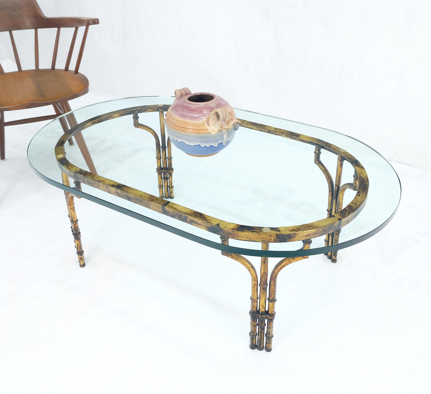 Faux Metal Bamboo Base Racetrack Oval 3/4" Thick Glass Top Coffee Table MINT!