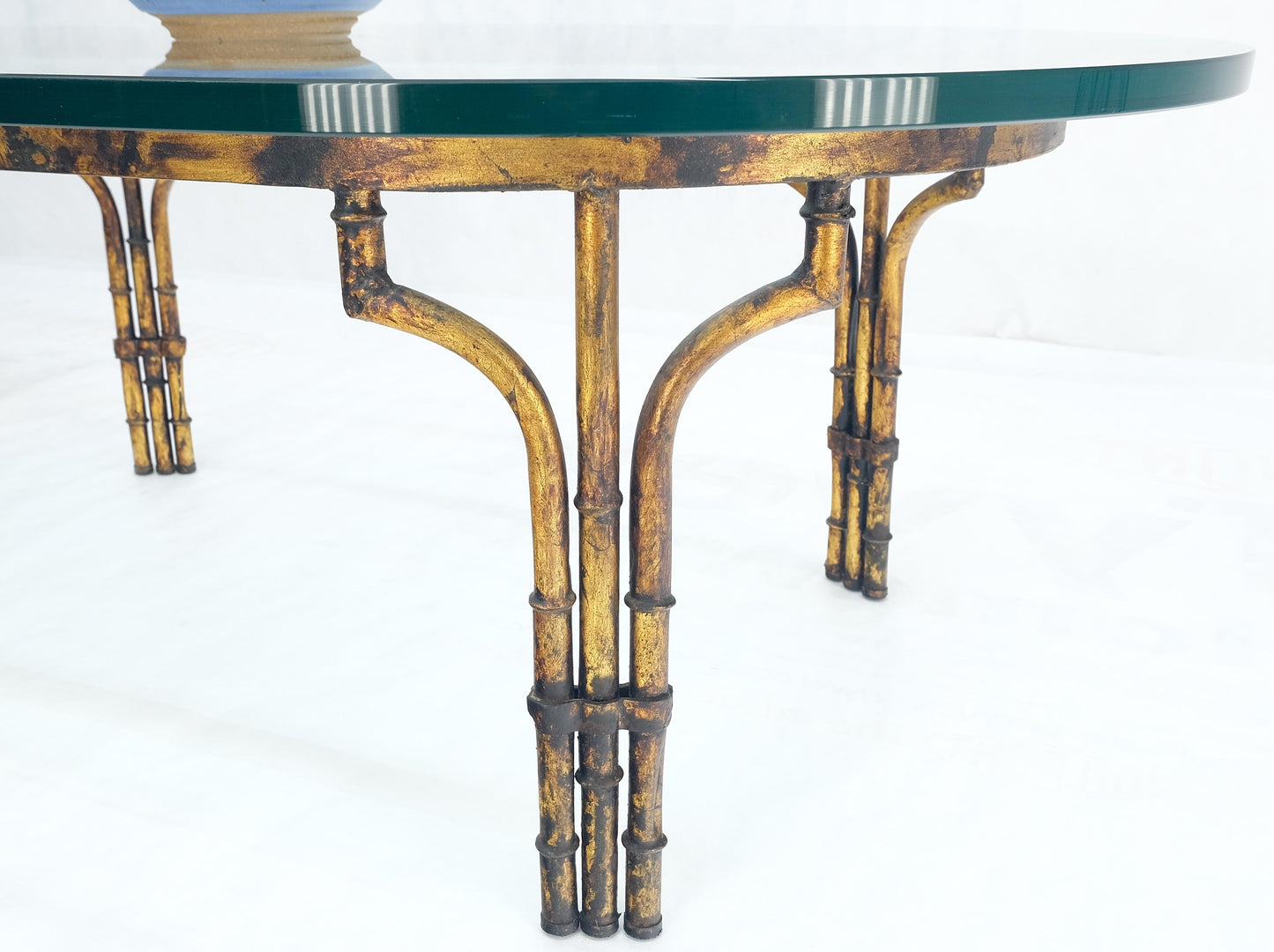 Faux Metal Bamboo Base Racetrack Oval 3/4" Thick Glass Top Coffee Table MINT!