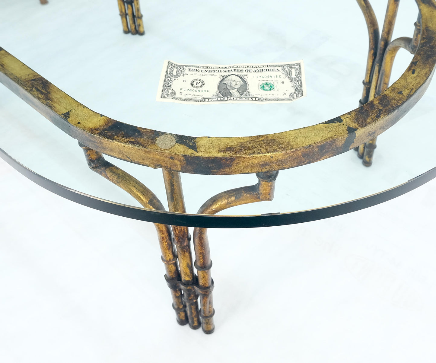 Faux Metal Bamboo Base Racetrack Oval 3/4" Thick Glass Top Coffee Table MINT!