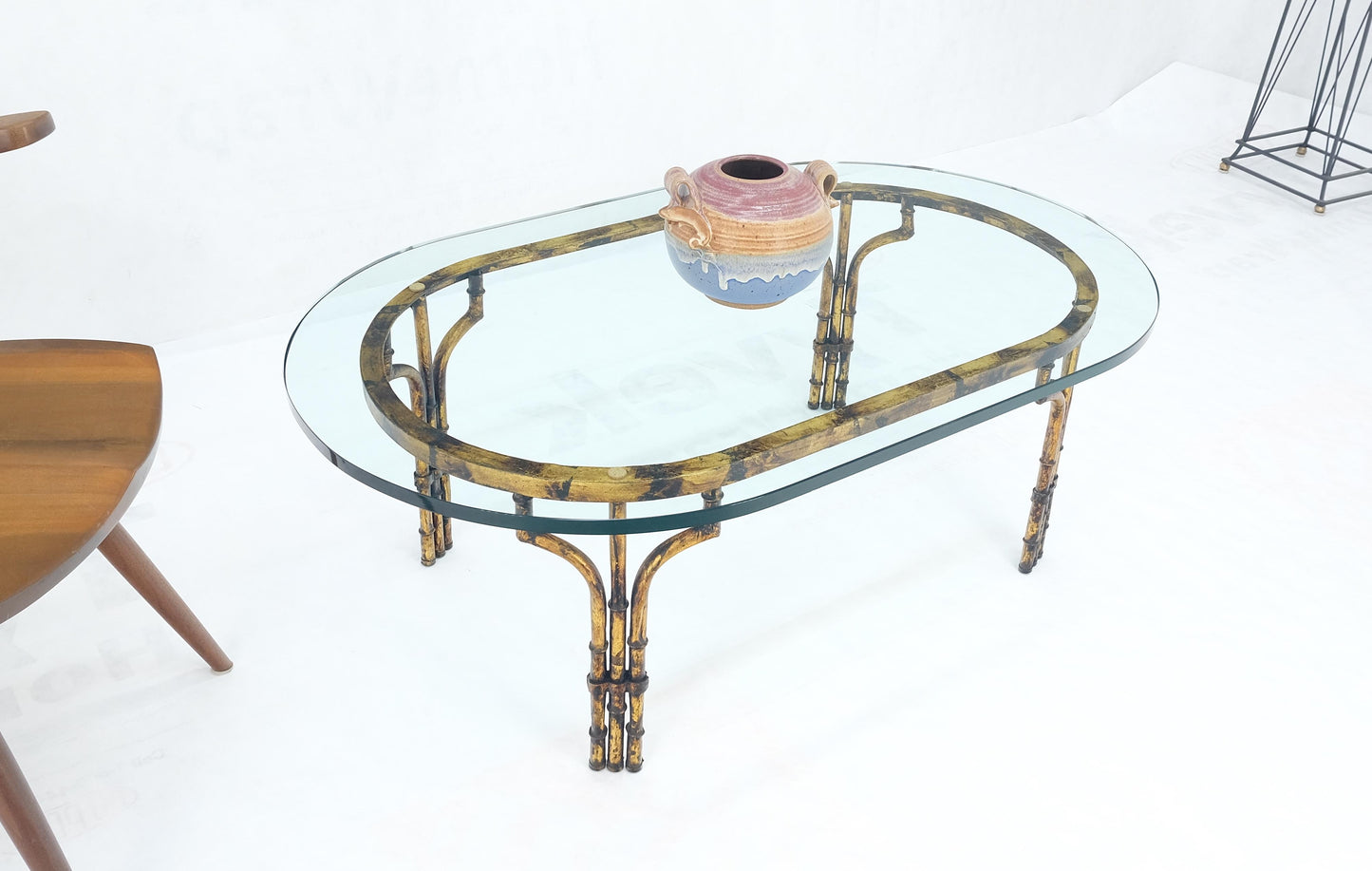 Faux Metal Bamboo Base Racetrack Oval 3/4" Thick Glass Top Coffee Table MINT!