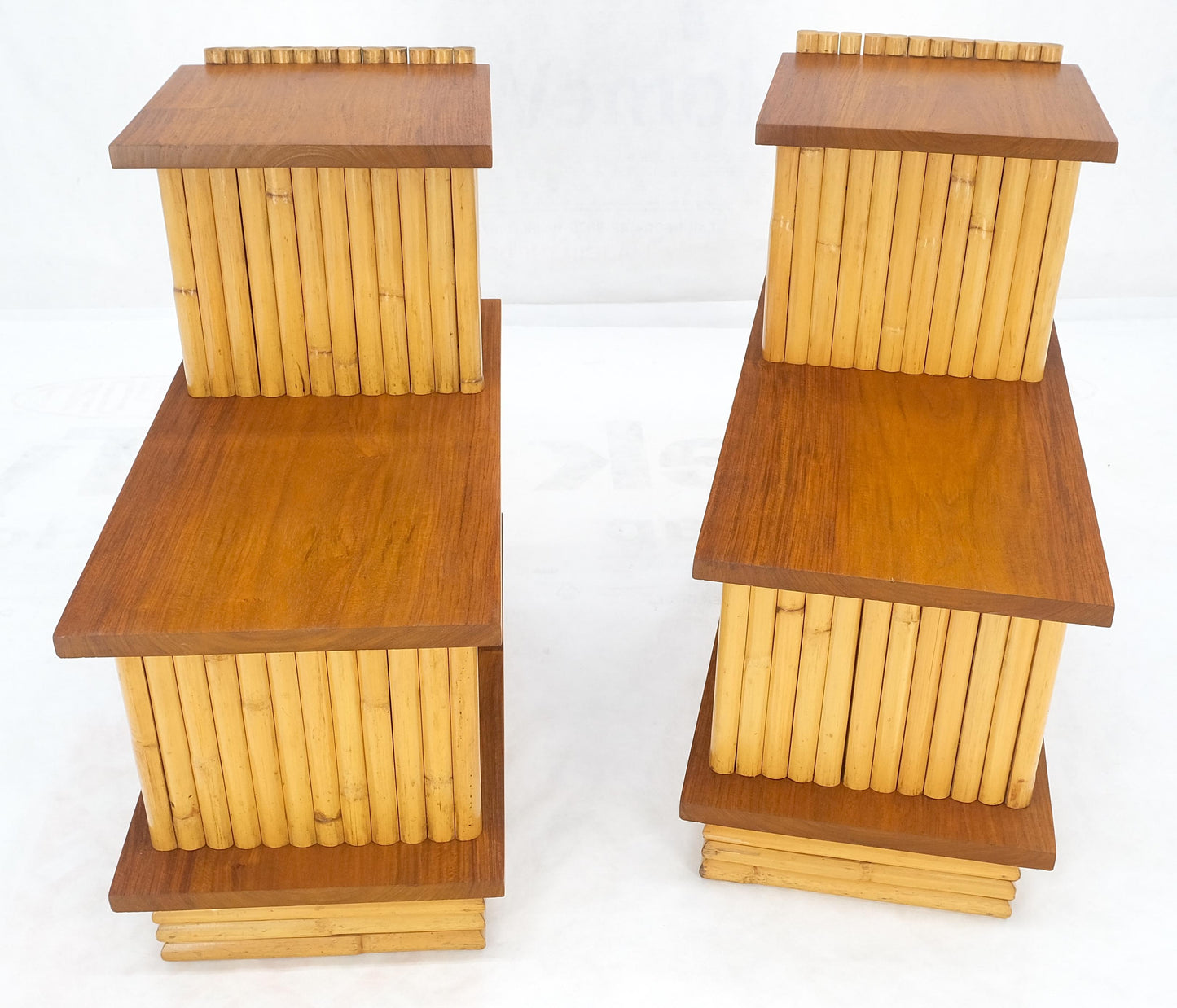 Pair of Restored 1950s Solid Mahogany & Bamboo Reed Step End Side Tables Stands