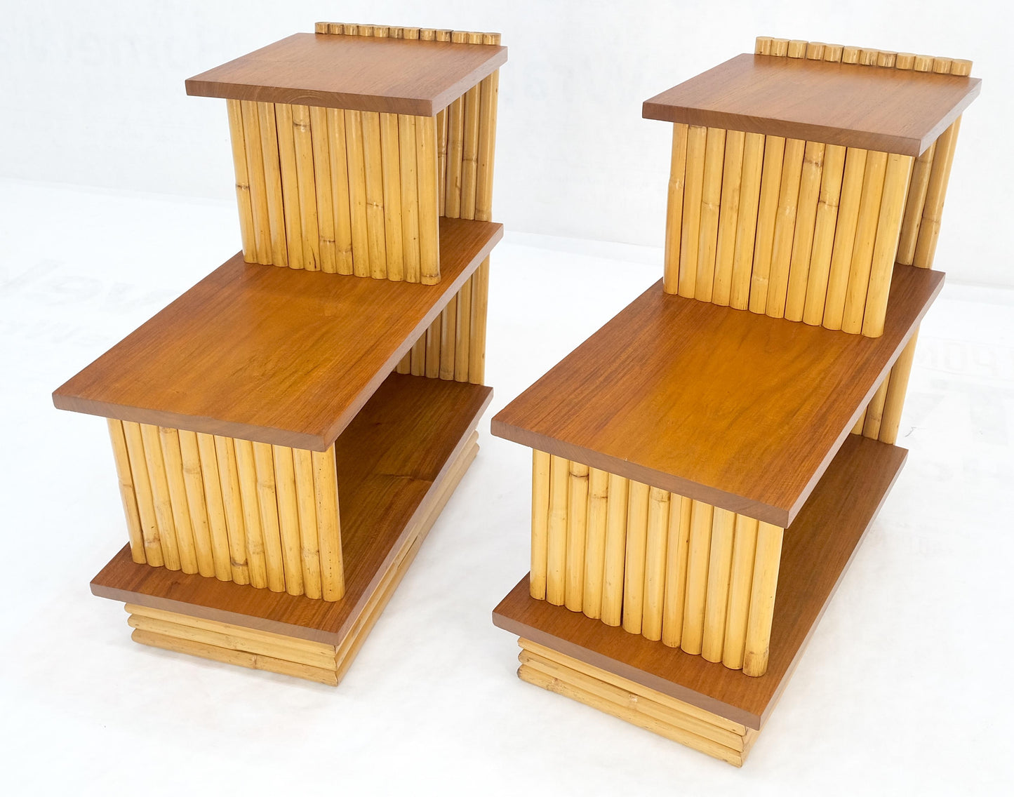 Pair of Restored 1950s Solid Mahogany & Bamboo Reed Step End Side Tables Stands