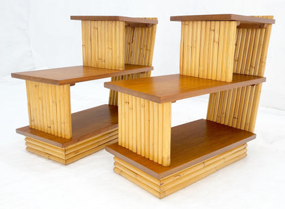 Pair of Restored 1950s Solid Mahogany & Bamboo Reed Step End Side Tables Stands