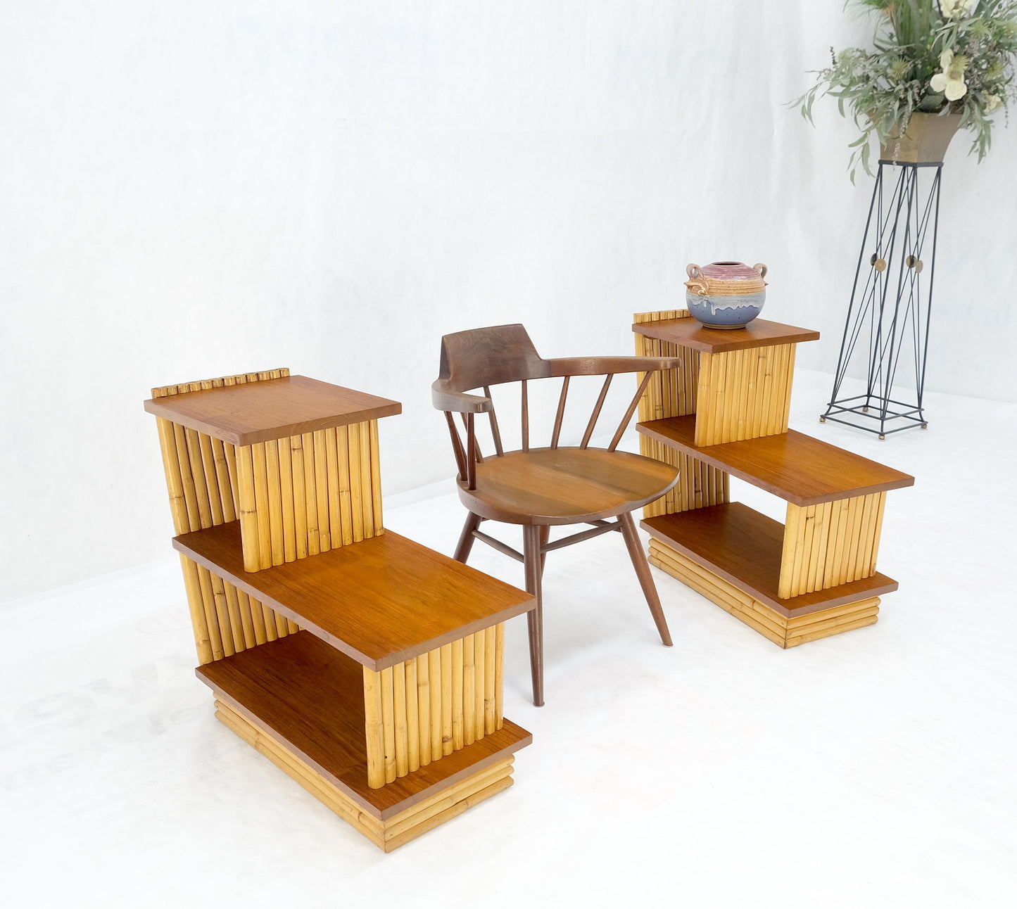 Pair of Restored 1950s Solid Mahogany & Bamboo Reed Step End Side Tables Stands