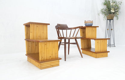 Pair of Restored 1950s Solid Mahogany & Bamboo Reed Step End Side Tables Stands